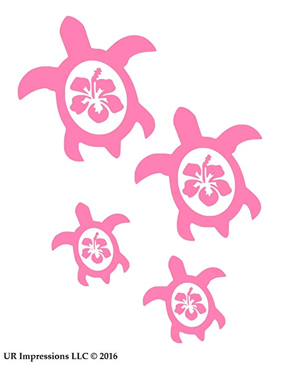 UR Impressions Pnk Hibiscus Sea Turtle Family of Four Decal Vinyl Sticker Graphics for Car Truck SUV Van Wall Window Laptop|Pink|7.5 X 6.5 Inch|URI525