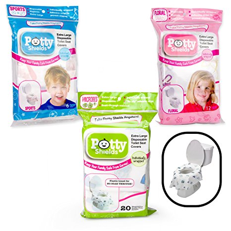 Toilet Seat Covers- Disposable XL Potty Seat Covers, Individually Wrapped by Potty Shields - Extra-Large, No Slip (Sports -6 Pack)