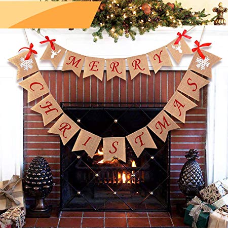 Jolik Merry Christmas Burlap Banner with 4 Red Bows - Merry Christmas Banner Decoration for Fireplace Wall Tree