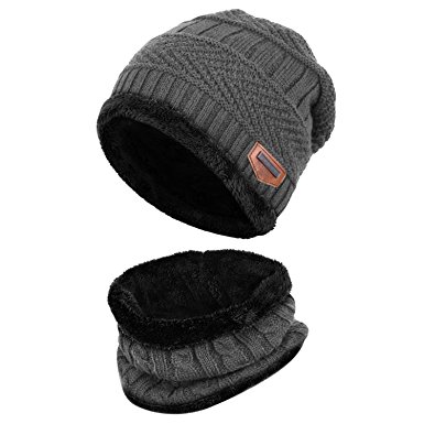 Fantastic Zone 2-Pieces Winter Beanie Hat Scarf Set Warm Knit Hat Thick Fleece Lined Winter Hat & Scarf For Men Women