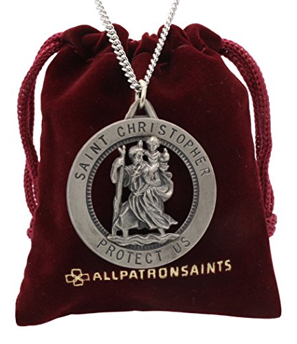 Men's Large Saint Christopher Round Cut Out Medal and Necklace Solid 925 Sterling Silver - 24 Inch 925 Sterling Silver Chain - 32.50 Mm (1.27 Inch)