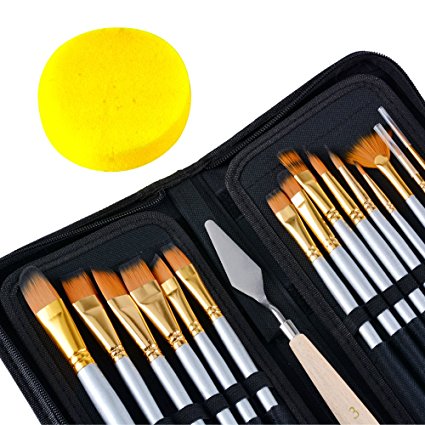Paint Brush Set, LEOKOR 15 Pcs/Set Art Acrylic Oil Watercolor Face Painting Artist Paint Brushes with Mixing Knife and Sponge for Kids & Adults