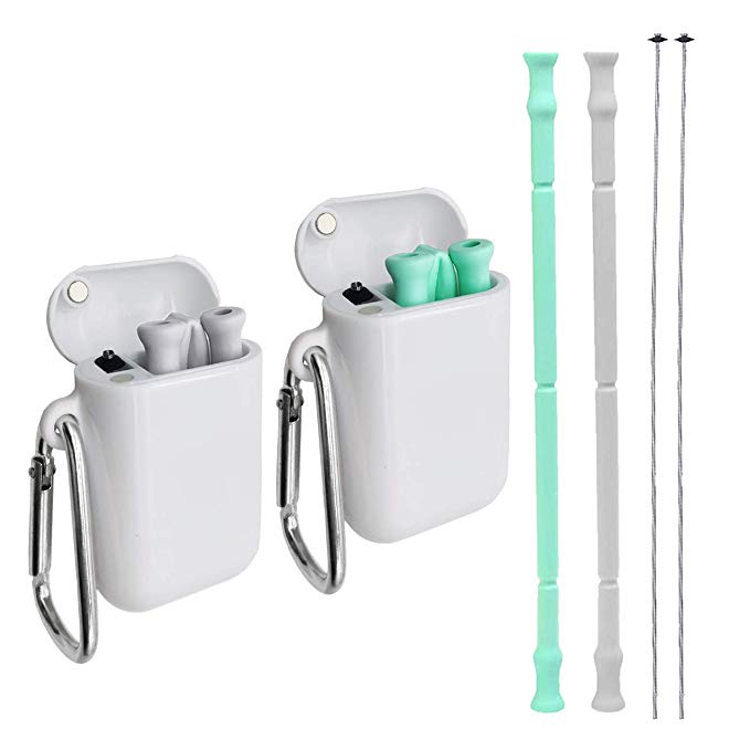 Senneny 2 Pack Collapsible Reusable Silicone Straws Food-Grade Folding Drinking Straws Keychain Portable Set with Carrying Case & Cleaning Brush- White & Green
