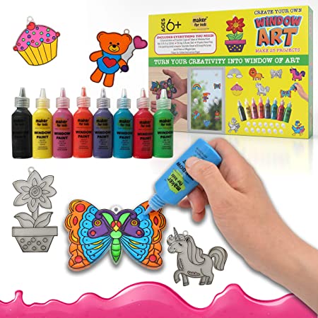 KOKO AROMA Window Paint Art Kit for Kids Children’s Make Your Own Fun Suncatchers Set – [12] Sun Catchers, [12] Suction Cups & [8] Paints – DIY Emoji Stickers (PR-12)