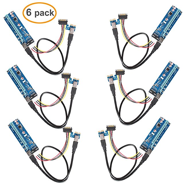 LINESO 6Pack PCIe VER 006 PCI-E 1X to 16X Powered Riser Adapter Card w/60 cm USB 3.0 Extension Cable & MOLEX to SATA Power Cable - GPU Riser Adapter Ethereum Mining ETH (6-Pack V006)