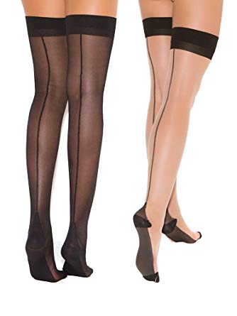 Womens Cuban Heel Stockings Black and Nude Thigh Highs Hosiery For Garter Belts- 2 Pack