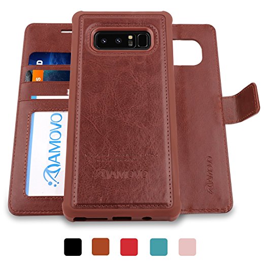 AMOVO Galaxy Note 8 Case [2 in 1], Samsung Galaxy Note 8 Wallet Case [Detachable Wallet Folio] [Premium Vegan Leather] Samsung Note 8 Flip Cover with Gift Box Package (Brown)