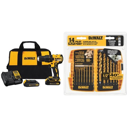 DEWALT DCD777C2 20V Max Lithium-Ion Brushless Compact Drill Driver with DW1354 14-Piece Titanium Drill Bit Set