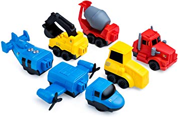 Playtech Logic Pull Back Toy Cars | Magnetic Digger, Mixer, Plane 3 in 1 Take Apart Construction Vehicles Play Set Toy for Toddlers Pre School Age 3 4 5 Year Old - Boys Girls