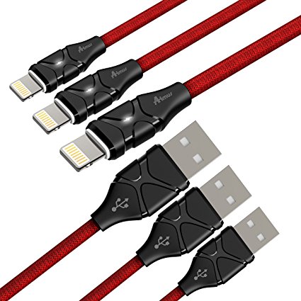 Aimus [3Pack 6FT] Cotton Braided Lightning to USB Cable iPhone Charger Connetor Lead with Led Light for iPhone X 8 Plus 7 Plus 6S Plus 6 Plus SE 5S 5C, iPad Mini 2 3 4 Air IOS11 (6FT 6FT 6FT, Red)