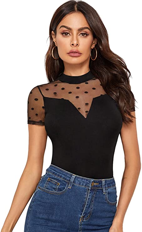 Milumia Women's Mesh V Cut Stand Collar Polka Dots Short Sleeve Tee Top