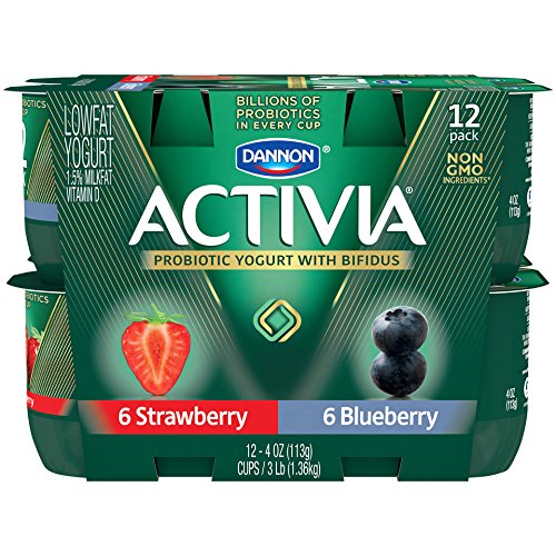 Dannon Activia Lowfat Yogurt, Strawberry & Blueberry Variety Pack, 4 Ounce (Pack of 12) Lowfat Probiotic Yogurt Snack