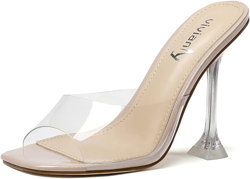 vivianly Womens Clear Heels Sandals Transparent Stiletto Heel Slippers Backless Peep Toe Slip on Heeled Mules