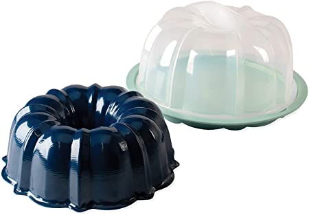 Nordic Ware Bundt Translucent Cake Keeper, 12 Cup capacity, Sea Glass base with Navy pan