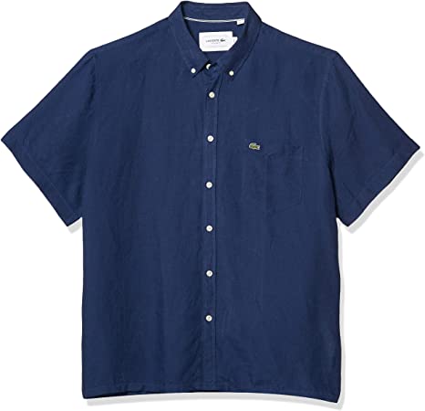 Lacoste Men's Short Sleeve Regular Fit Linen Button Down Shirt