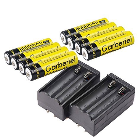 Garberiel 8 PC 18650 Battery 6000 mAh 3.7v Performance Li-ion Rechargeable Batteries   2 x Dual Chargers