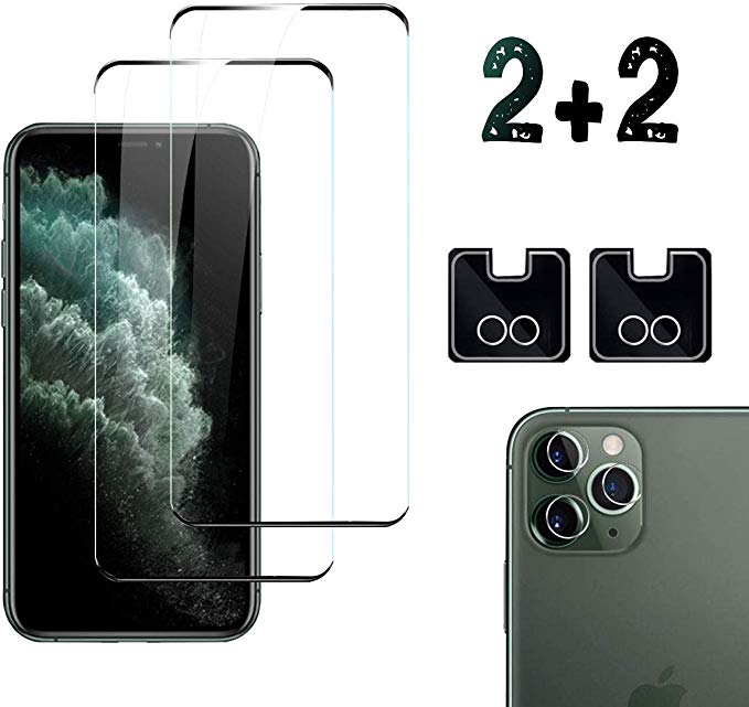 [2Pack] iPhone 11 Pro Max Screen Protector & [2Pack] Camera Lens Protector, Full-Coverage Tempered Glass Anti-Scratch, Bubble Free, Case Friendly and Ultra-Thin Clear HD Camera Protector