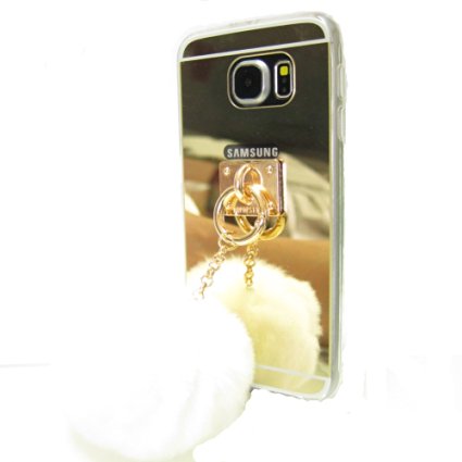 LU2000 Fluffy Pom Pom Keychain Furry Cute Bunny Fur Ball [Mirror Series] Soft Plastic TPU Phone Case Back Cover for Samsung Galaxy S6 G9200 All Version - White