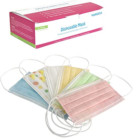 Vanecia Disposable 3-PLY Protective Earloop Face Masks with 6 Colors Green White Yellow Blue Pink Pattern (30 pcs)