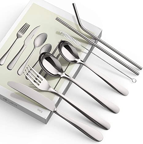 Cutlery Set ,YIER Stainless Steel Flatware Silverware Set Tableware Dinnerware 7-Piece including Dinner knife/Dinner spoon/Dinner fork/Straight straw/Bent straw/Straws brush