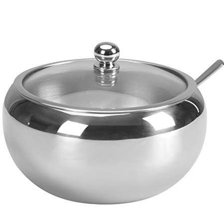 19 OZ (560 ML)HardNok Large Stainless Steel Sugar Bowl with Glass Lid and Spoon,Very High capacity