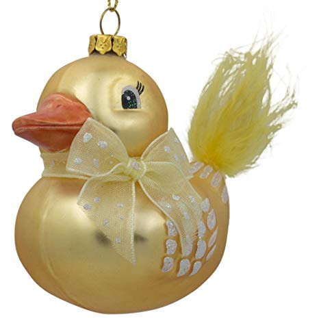 3" Yellow Duck with Bow Blown Glass Christmas Ornament