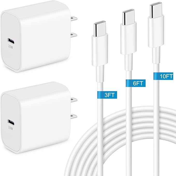 USB C Charger for iPhone 15/15 Plus/15 Pro/15 Pro Max, 2Pack 20W Type C Fast Wall Charger Power Adapter   3FT 6FT 10FT Long USB C to C Cable for iPad 12.9/11 inch, iPad Air 5/4th, iPad 10th, iPad Mini