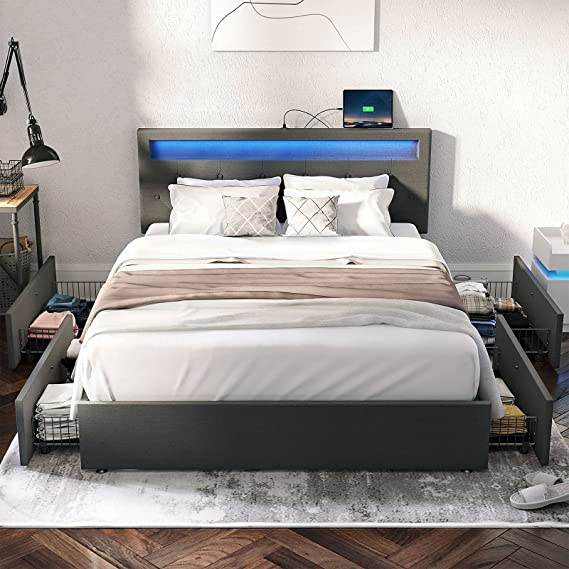 Rolanstar Queen Bed Frame with Headboard and 4 Drawers, LED Lights Adjustable Upholstered Headboard with 2 USB Charging Station, No Box Spring Needed, Easy Assembly, Dark Grey