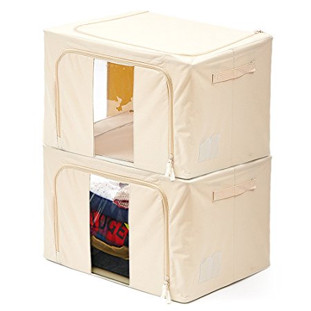 Storage Box [2-Pack] EZOWare Foldable Container Organizer Basket Bins with See-through Window - Extra Large / Beige For Under bed Storage, Closet Organizing, Linens, Bedding, Blanket