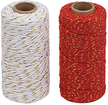 Tenn Well 200m Bakers Twine, 2mm Gold Wire Combined Cotton Twine Cording for Christmas Holidays DIY Arts Threading Decorations Baking Butchers（2 Pack）