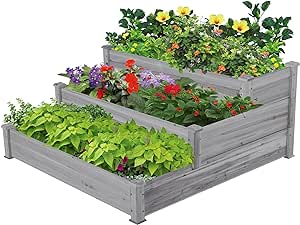 Yaheetech 3 Tier 47 x 47 x 22in Raised Garden Bed Horticulture Outdoor Elevated Flower Box Tiered Garden Bed Wooden Vegetables Growing Planter for Backyard/Patio/Gardener, Gray