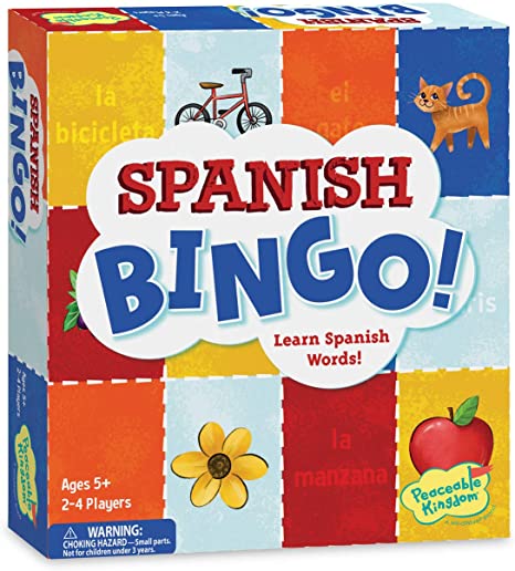Peaceable Kingdom Spanish Bingo - Language-Learning Games for Kids - Boys & Girls Ages 5 & up Learn Basic Spanish Vocabulary as They Play Bingo - Includes a Pronunciation Guide
