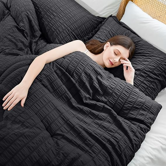 Cosybay Black Queen Comforter Set - 3 Pieces Seersucker Bedding Comforters & Sets, Down Alternative Comforter Set for All Season, 1 Comforter (88"x92") and 2 Pillow Shams (20"x26" 2")