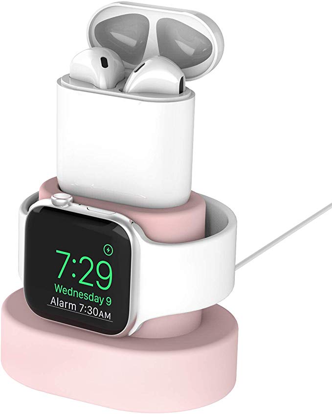 Greatfine for Apple Watch Charger Stand and Airpods Case,2 in 1 Silicone iWatch Charging Stand for Apple Watch Series 4 3 2 1and Airpods Dock,Shockproof Protective Airpods Case (Pink Dock White Case)
