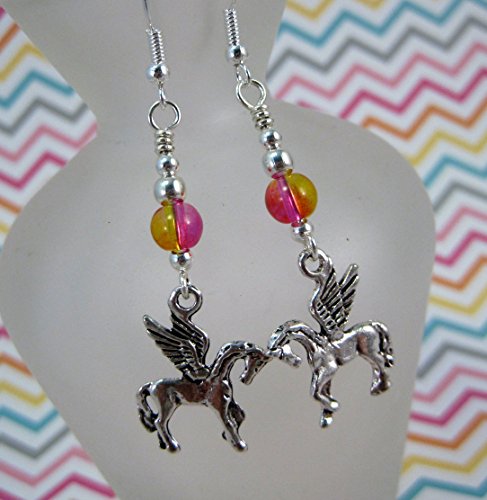 My Kind of Pony - Silver Pegasus & Pink and Yellow Glass Earrings by ArtsParadis