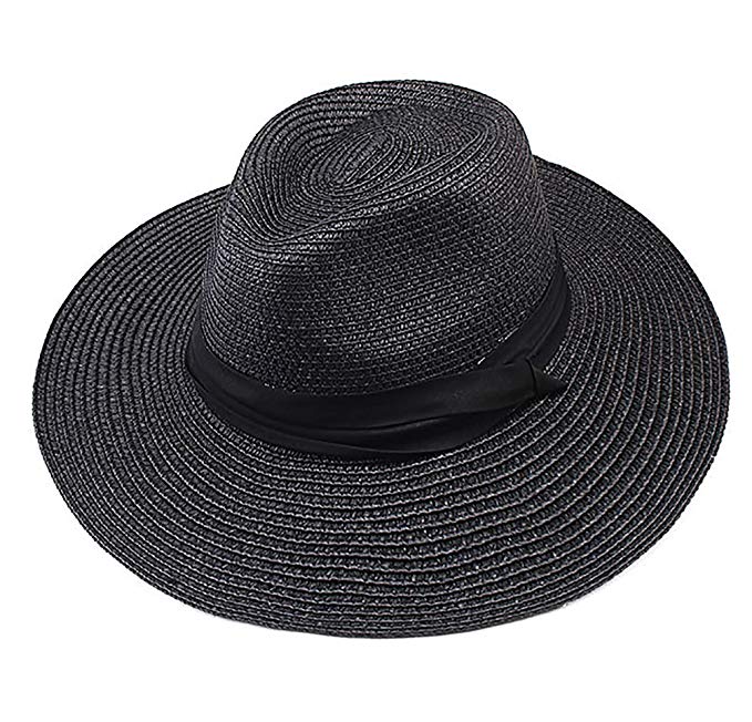 IL Caldo Women Wide Brim Straw Panama Roll up Summer Hat Fedora Beach Sun Hat Cap