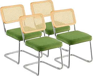 VEVOR Rattan Dining Chairs Set of 4, Mid Century Modern Dining Chair, Upholstered Velvet Accent Chair with Rattan Back, Retro Dining Room Kitchen Chair for Living Room, Bedroom, Office (18.1 Inch)