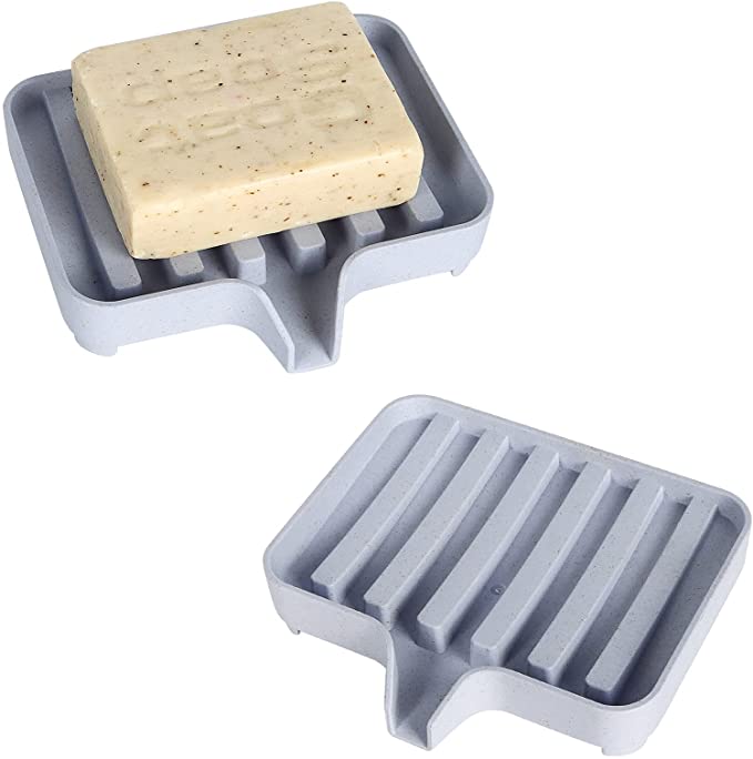 2Pack Soap Dishes for Bar Soap, Soap Saver, Soap Tray, Waterfall Drainer Soap Holders, Wheat Straw Degradable Brush Drying Rack for Bathroom Shower Kitchen Sink, Keep Soap Dry & Easy to Clean