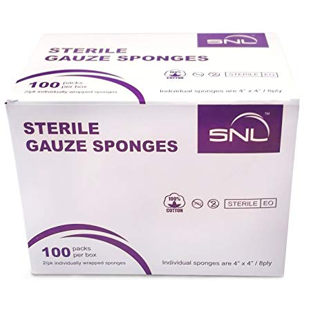 SNL Sterile Gauze Sponges - 8 Ply - 4" X 4" - 2 Sponges Per Pack (Box of 100 Packs)