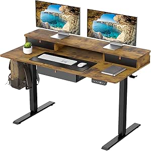 Veken Standing Desk with 3 Drawers and Raised Storage Shelf, Electric Height Adjustable Sit Stand Table, Ergonomic Office Computer Desks for Workstation, Home, Study, Writing, Gaming, 47.2 Inch,Brown