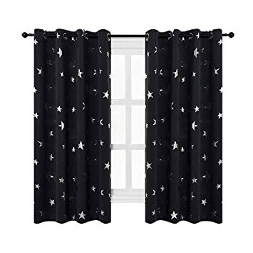 Anjee Black Blackout Curtains with Silver Star Print for Kids Room, Grommet Thermal Insulated Window Curtains, 2 Panels, W52 x L63 Inches, Black