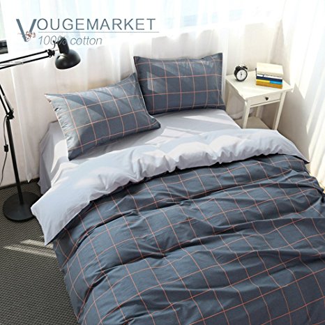 Vougemarket Luxury Grey Plaid Duvet Cover Queen Size,3 pieces Cotton Comforter Cover Set for Men,Grid Printed Bedding Collections Set-Full/Queen,Grid 1