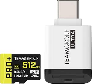 TEAMGROUP PRO  Micro SDXC UHS-I U3 A2 V30 512GB Memory Card TPPMSDX512GIA2V3003 Bundle with Ultra CR I MicroSD Memory Card Reader TWCRIW01