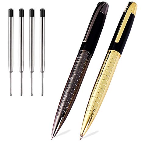 Ballpoint Pens Black Pens Medium Ball Point 1.0mm Smooth Writing Grip Metal Retractable Executive Business Office Nice Pen for Men Women (Gold and Gun Black Pens, 2 Pack 4 Refills, No Gift Case)