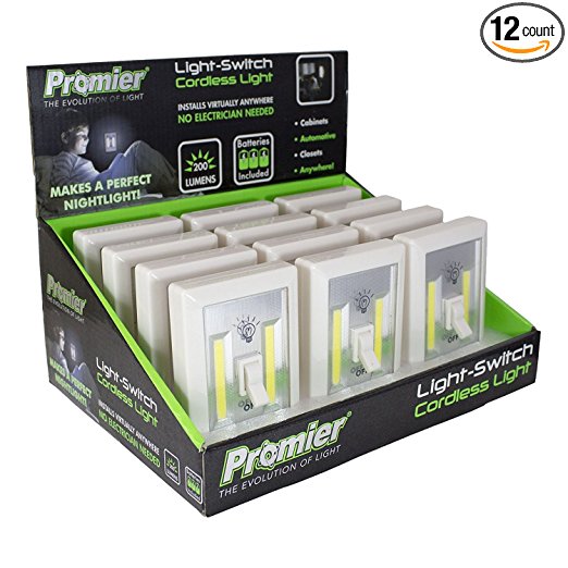 Lot of 12 Promier® LIGHT-SWITCH Battery Operated Cordless Light Using Super Bright COB LED Technology for Baby Nursery, Hallways, Bedrooms, Closets, RV's. No Wiring-Batteries Included - 12 pack