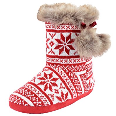 Ladies Knitted Fairisle Lined Bootie Slippers With Cosy Faux Fur Trim & Pompoms