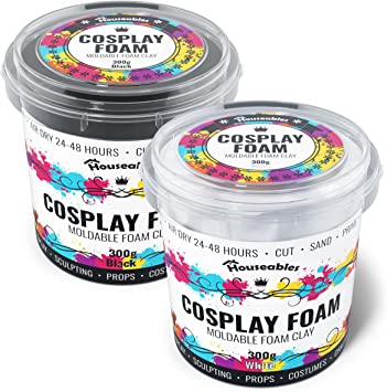 Houseables Moldable Cosplay Foam Clay, Air Dry, Sculpting, Molding, 300 Grams Per Container (600 g Total/1.3 lbs), 2 Pk, 3 Styluses, Black, White, EVA Foams, Anime Cosplays, Squishy, Craft, Carving