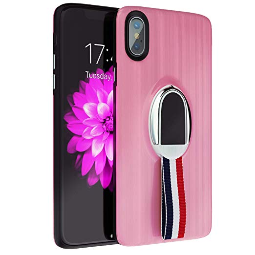 iPhone X Case/iPhone Xs Case/with Kickstand and Finger Rope, Hard Back & Soft TPU Bumper, Shockproof, Compatible with iPhone X Case - Pink