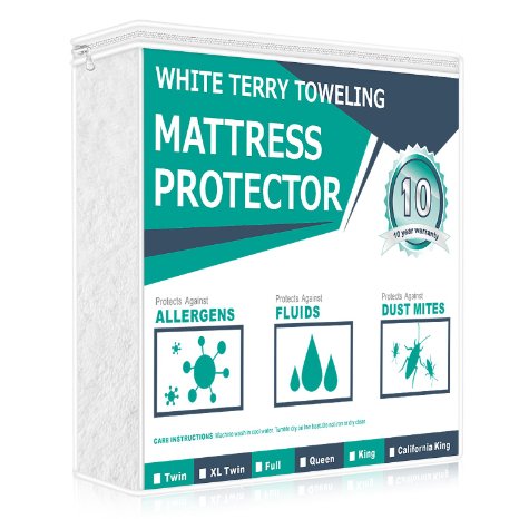 Adoric(TM) Queen Size Hypoallergenic Waterproof Mattress Protector 100% Cotton Terry Surface with Vinyl Free Mattress Cover (White)