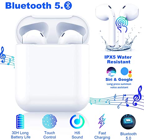 Bluetooth 5.0 Headsets in Dual Mic,20H Cycle Playtime in-Ear True Wireless Earbuds,with Hi-Fi Stereo,Button Control,IPX5 Waterproof Sports Headset,Auto Pairing for iOS Airpods Airpod/Android